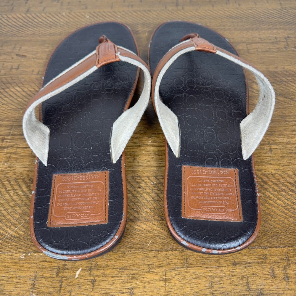 Coach Flip Flops Mens 13 Brown Leather‎ Canvas Signature Monogram Sandals - Picture 4 of 8